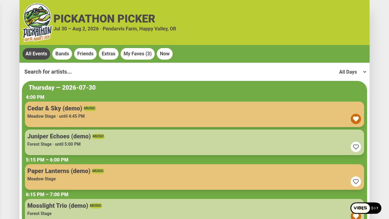 Screenshot of Pickathon Picker